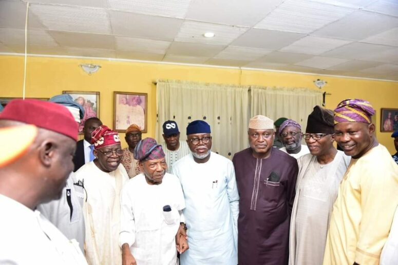 Tinubu, second left, withh Pa Fasoranti, Ondo deputy governor Aiyedatiwa, Gov. Oyebanji of Ekiti, Otunba Gbenga Daniel