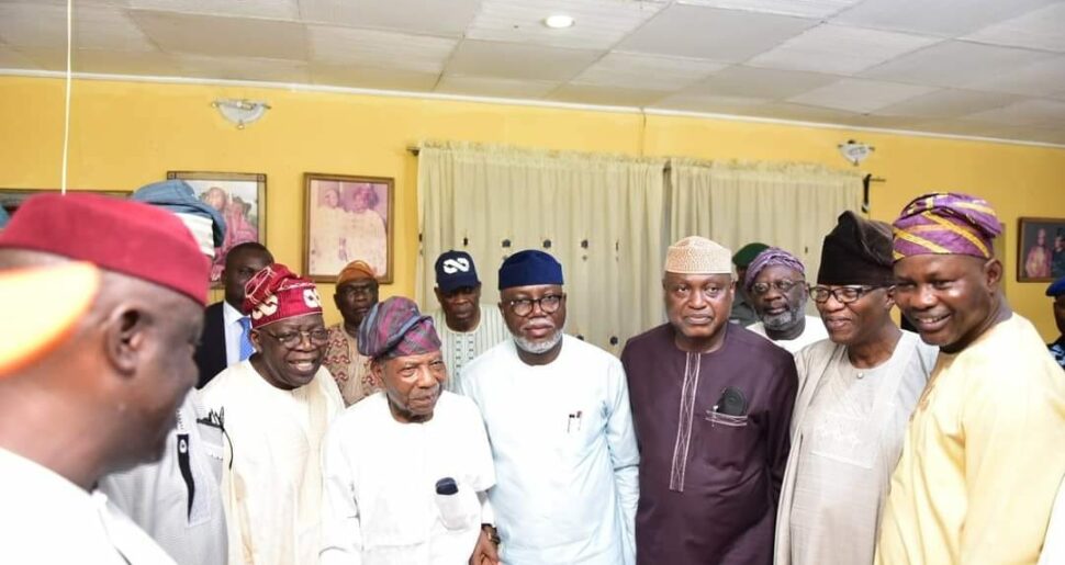 Tinubu, second left, withh Pa Fasoranti, Ondo deputy governor Aiyedatiwa, Gov. Oyebanji of Ekiti, Otunba Gbenga Daniel