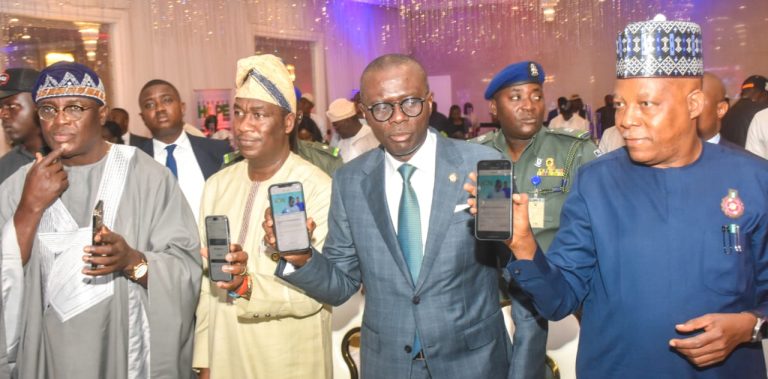 From left, Pedro, Hamzat, Sanwo-Olu and Shettima showing the crowdfund app