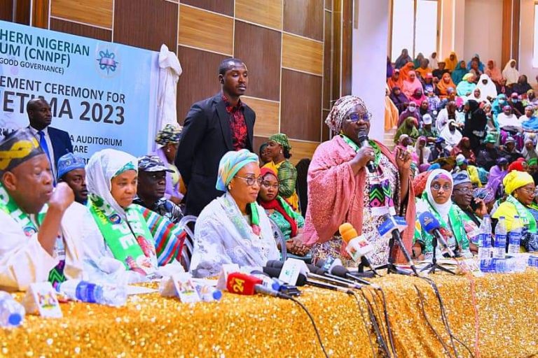 Kaduna deputy governor Hadiza Balarabe speaks at the forum of northern Christians. Next to Hadiza is Remi Tinubu