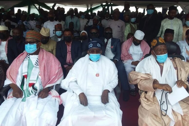 Tinubu, middle, with Governor Bello, left and Ganduje, right at the Minna Eid-el-Maulud event