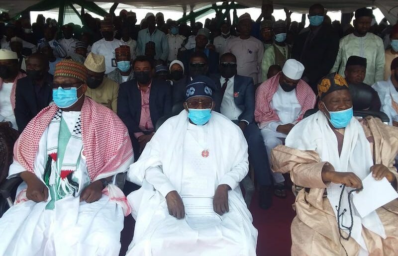 Tinubu, middle, with Governor Bello, left and Ganduje, right at the Minna Eid-el-Maulud event