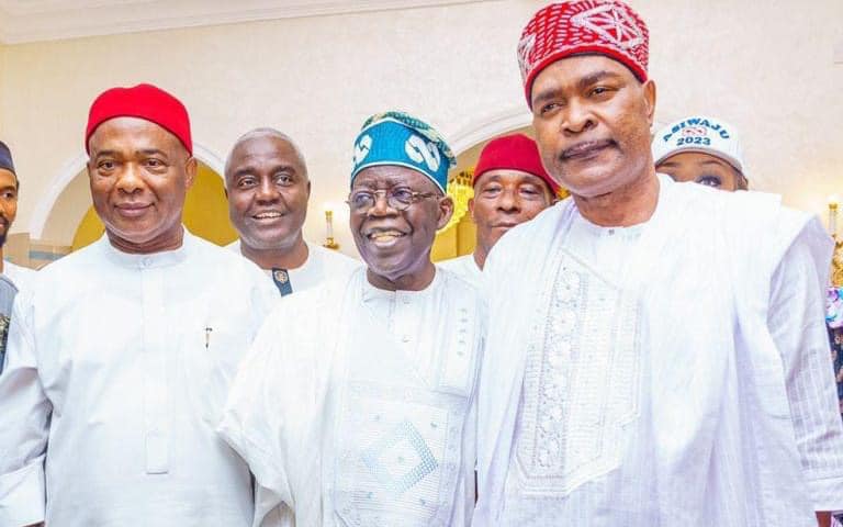 Chief Emma Eneukwu, right with Tinubu and Governor Uzodimma