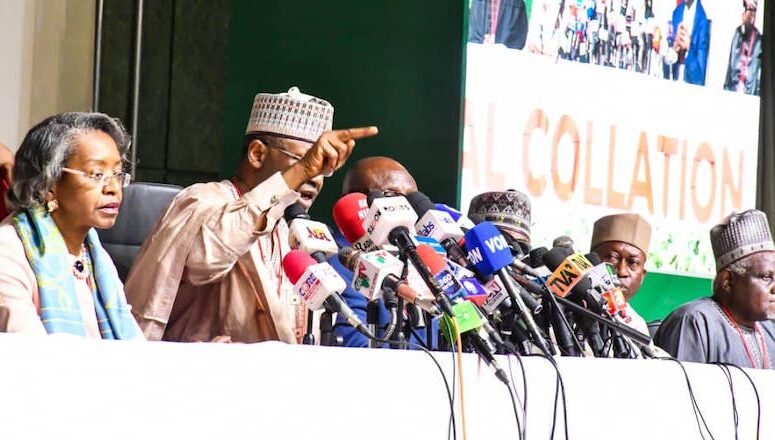 INEC Chairman Mahmood Yakubu speaks at the collation centre