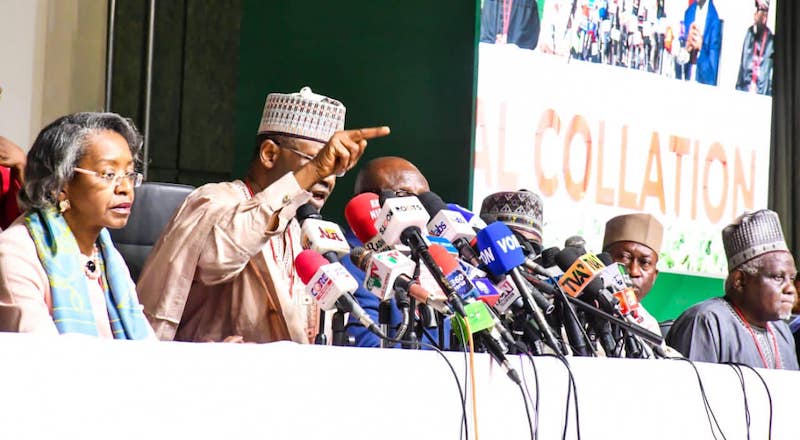 INEC Chairman Mahmood Yakubu speaks at the collation centre