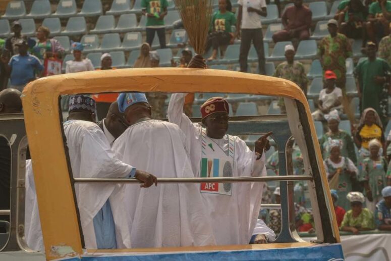 Tinubu on arrival at the rally at Teslim Balogun Stadium Surulere