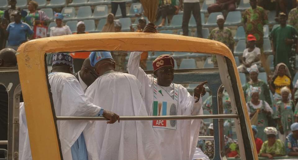 Tinubu on arrival at the rally at Teslim Balogun Stadium Surulere