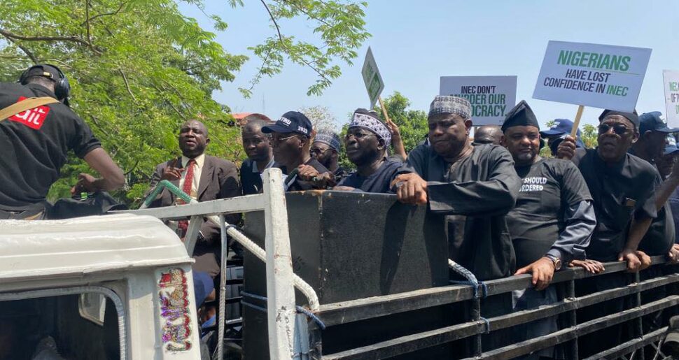 Atiku in face cap, with other party officials