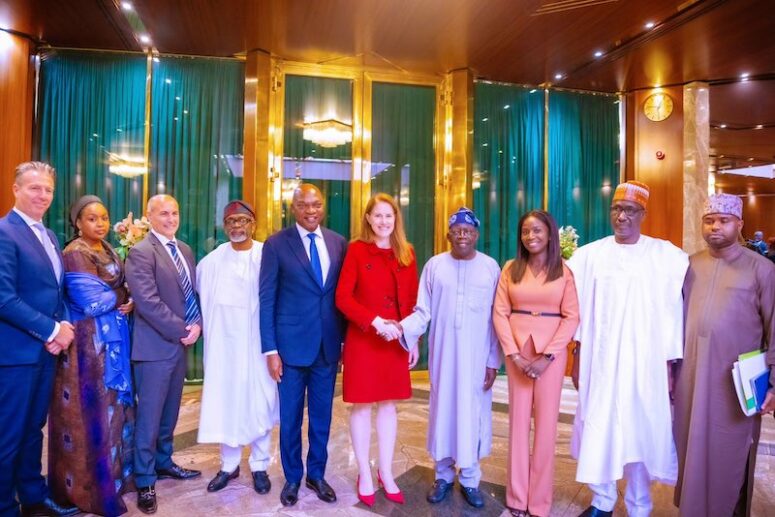 Ms Zoe Yunovic, (in red ) the Global Upstream Director, SPDC and others with President Tinubu, Olu Verheijen, Mele Kyari and Zach Adedeji